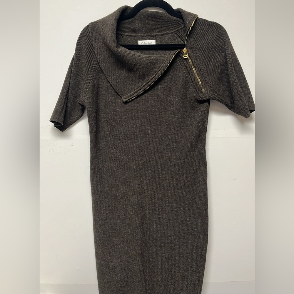 Calvin Klein Brown Knit Slip On Dress w/ Unique Zipper Neckline Size S